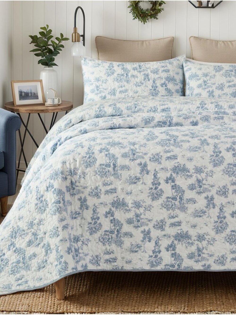 Blue Toile Bedding Queen Cotton Quilt Set Pastoral Scenery 3PC
